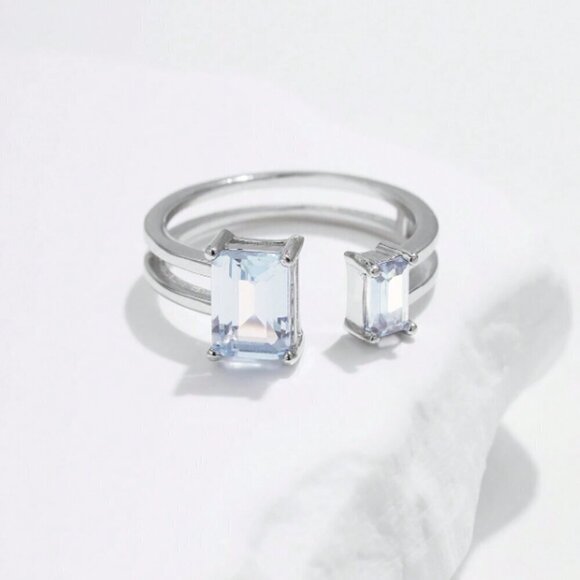 925 Silver Emerald Cut CZ Ring Stone Light Blue Cuff Ring Modern Sz 6 - 9 - Picture 3 of 6